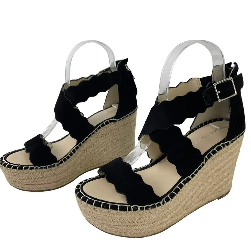 Marc Fisher Calita Black Suede Scalloped Crisscross Platform Espadrille Wedge 7M